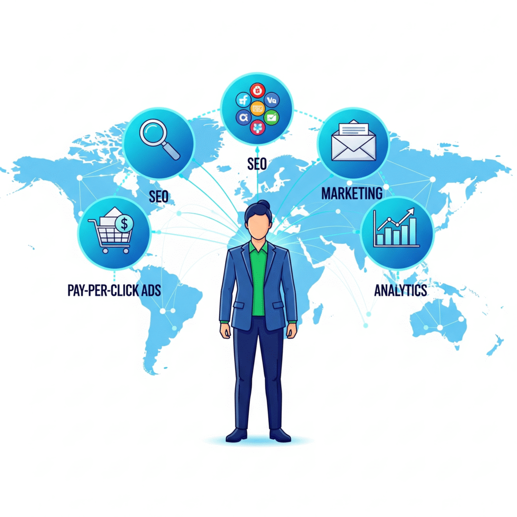 Illustration of a business owner surrounded by SEO, social media, email, and analytics icons with a world map in the background, symbolizing how digital marketing expands reach and builds growth.