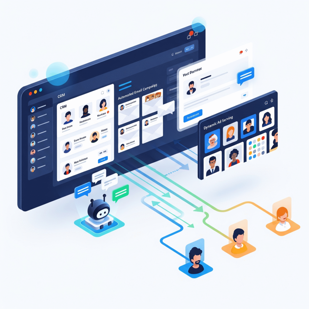 Illustration of a business dashboard showing AI-powered automation, including CRM customer profiles, chatbots, automated email campaigns, and dynamic ads, symbolizing efficient and personalized marketing at scale.