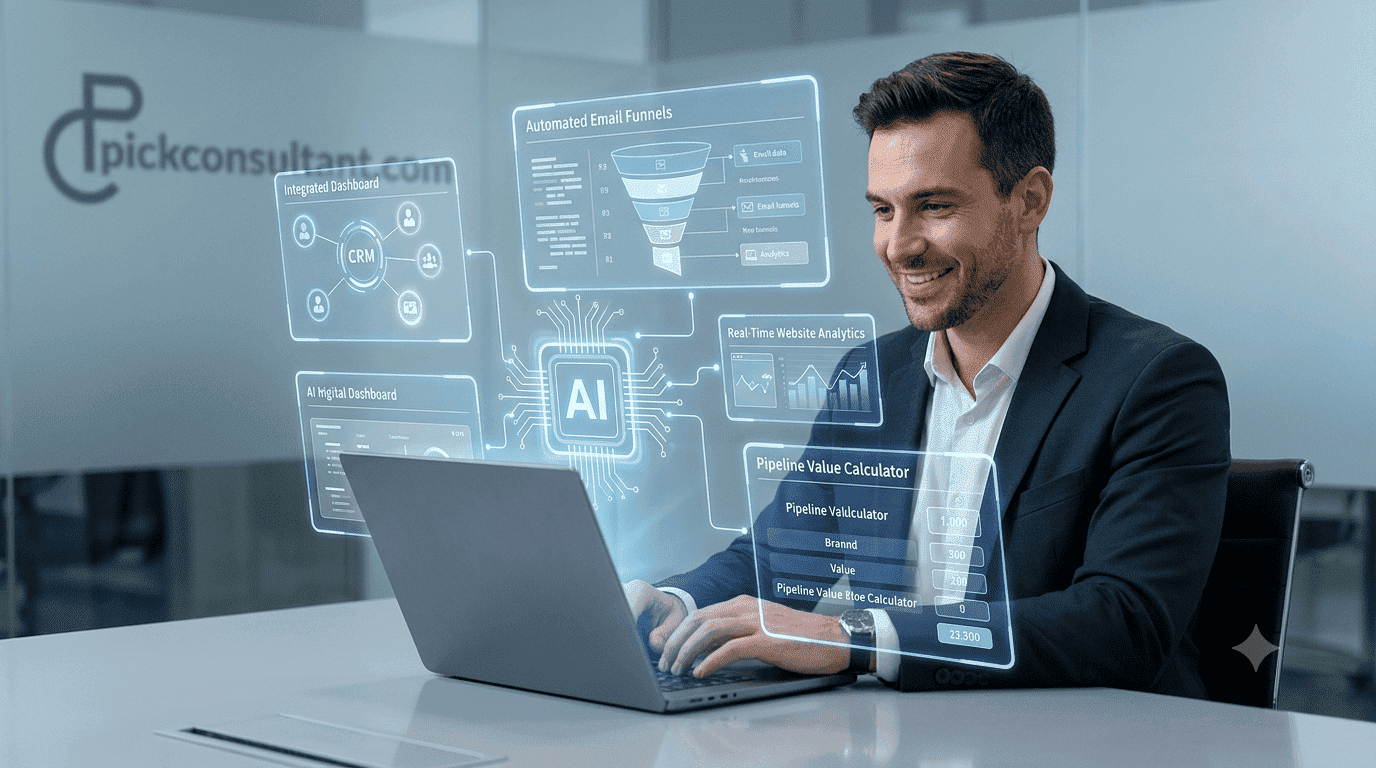 Integrated AI dashboard connecting CRM, email funnels, and website analytics.
